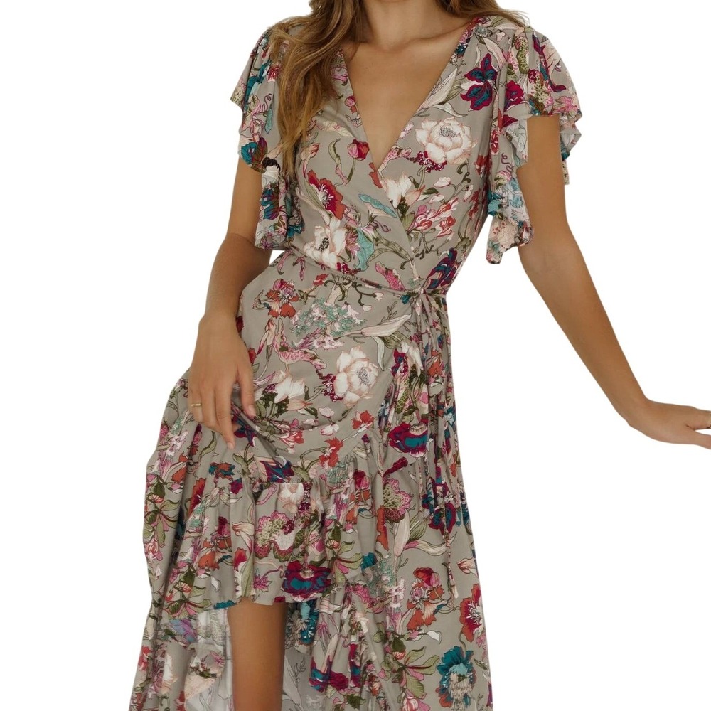 ELF Made by Hand BALI Wrap Maxi Dress‎ size XXL Beige Floral Ruffle Boho Beach